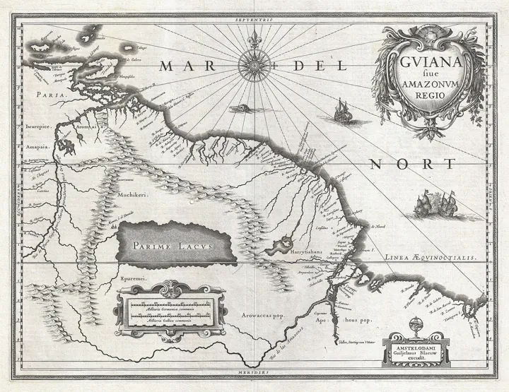 Photo d’origine : Carte ancienne gravée de la Guyane et du lac Parime, désigné comme la route de l'Eldorado.