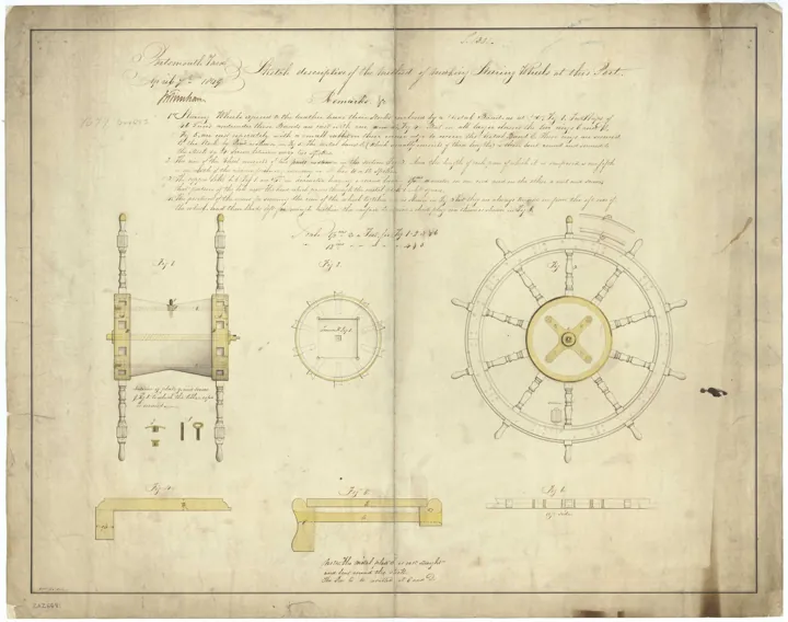 Photo d’origine : Plan ancien d'une roue de gouvernail de navire, en élévation de face et de côté.