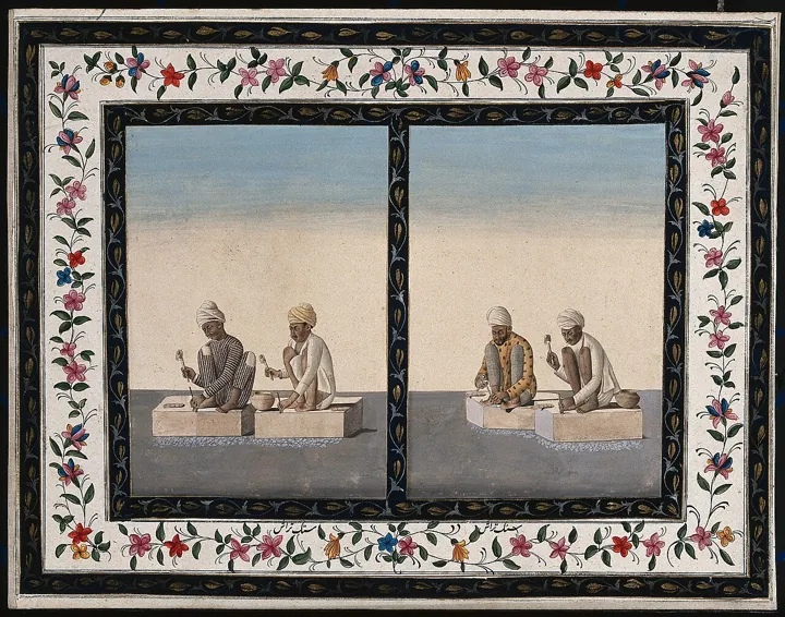 Photo d’origine : Peinture indienne de tailleurs de pierre travaillant au ciseau et au maillet sur leurs blocs.