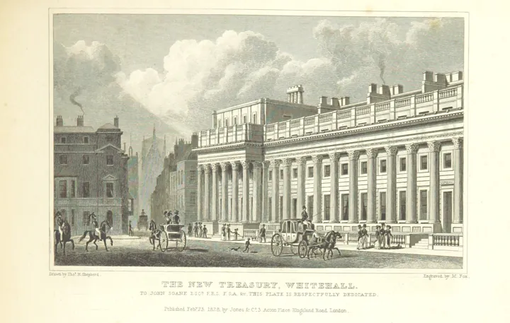 Photo d’origine : Gravure ancienne du Trésor de Whitehall à Londres : une longue colonnade, des calèches et des promeneurs.