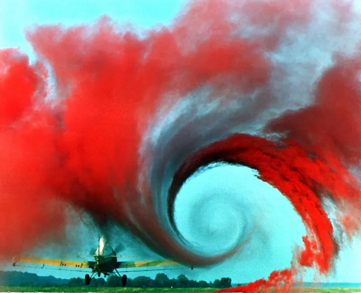 Photo d’origine : Un avion agricole dont le tourbillon d'air en bout d'aile est rendu visible par une fumée rouge.